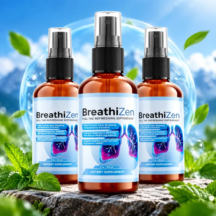 Three BreathiZen spray bottles outdoors with fresh mint leaves