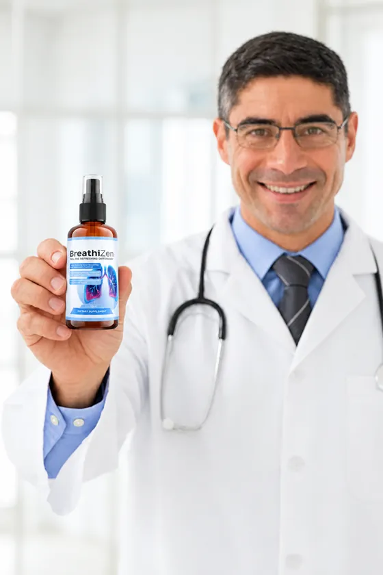 Doctor holding a bottle of BreathiZen spray
