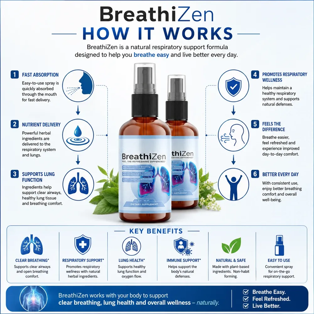 BreathiZen how it works infographic: fast absorption, nutrient delivery, lung function support and key benefits